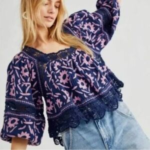 Free People Navy and Pink Floral Blouse